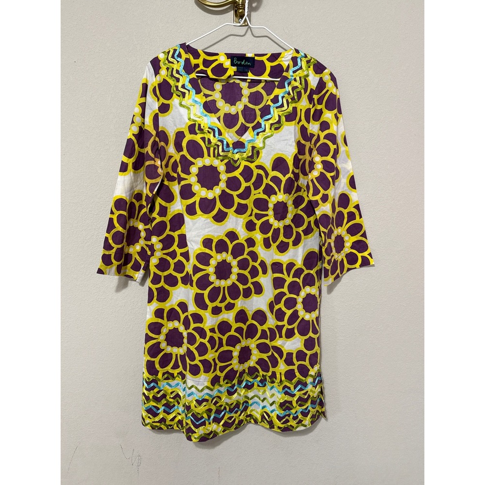 Boden Tunic Dress Womens 10 Purple Yellow Floral Ric Rac Trim Cotton